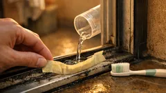 浴室ドアレール外側の黒ずみ、養生テープで水をせき止めて洗剤少なめ掃除