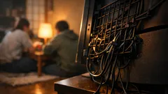 100均ワイヤーネットでテレビ裏配線を隠す くいっと曲げて作る背面ラック収納