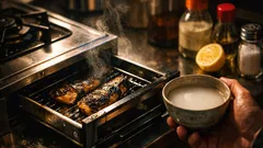 魚焼きグリルの掃除がラクになる、片栗粉で受け皿の油汚れをまとめる方法