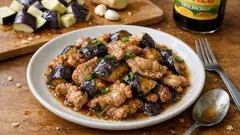 豚こま肉となすのポン酢炒め—片栗粉で香ばしく、とろっとご飯が進む主菜