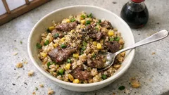 にんにくバター香るビーフペッパー焼き飯：焼き肉のたれで味がすっと決まる